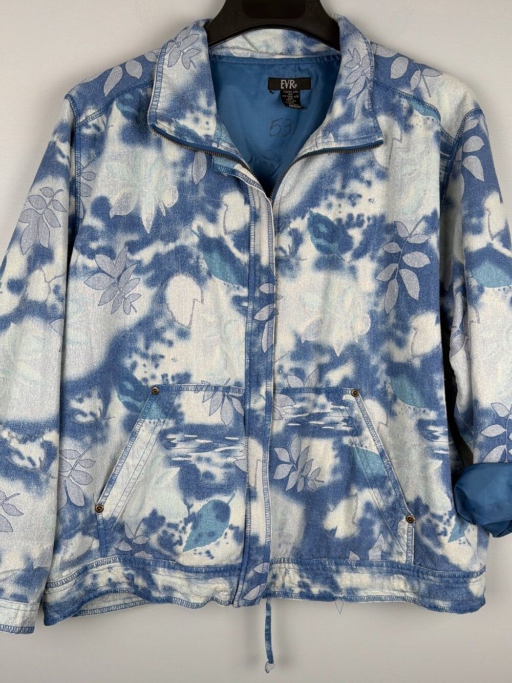 Vintage EVR Div Rousso Silk Jacket Women Petite L Blue Tropical Resortwear Beach